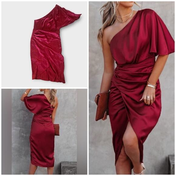 Cupshe Dresses & Skirts - NEW Cupshe red satin faux wrap one shoulder midi dress
